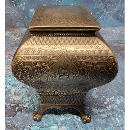 477 - A late 19th century pewter bombe tea caddy,  engraved with foliate scrolls within a basket weave bor... 