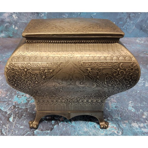 477 - A late 19th century pewter bombe tea caddy,  engraved with foliate scrolls within a basket weave bor... 