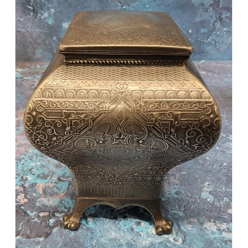 477 - A late 19th century pewter bombe tea caddy,  engraved with foliate scrolls within a basket weave bor... 