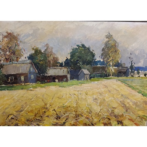 377 - Valentine G Taranenko (1933 - 1992), Golden Russia,  farm buildings on a summer day,  oil on board, ... 