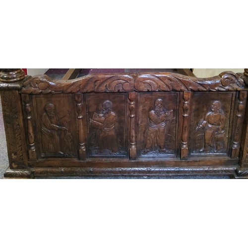 662 - An 'Elizabeth I' oak tester bed, the oversailing thirteen fielded panelled tester canopy in relief w... 