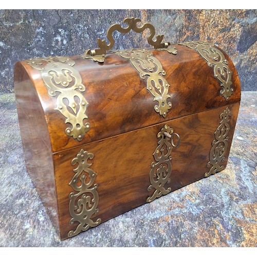 507 - A Victorian burr walnut domed rectangular tea caddy, the cover and front applied with pierced and en... 