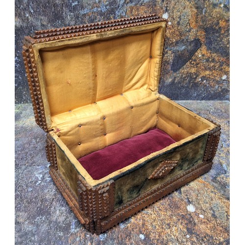 513 - Folk Art - a late 19th century tramp art rectangular box, with notch lozenges on green velvet, typic... 