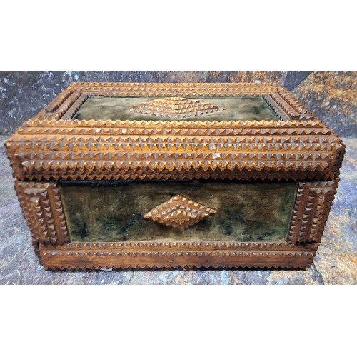 513 - Folk Art - a late 19th century tramp art rectangular box, with notch lozenges on green velvet, typic... 