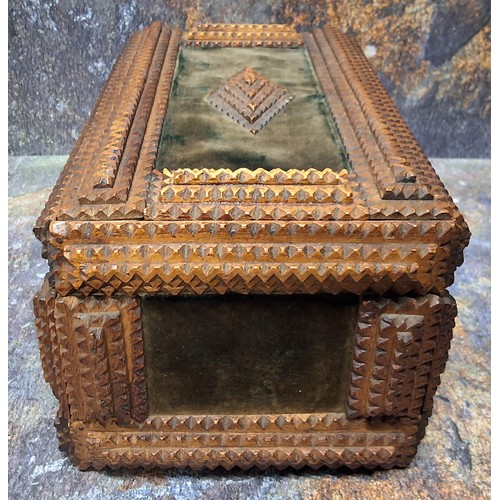 513 - Folk Art - a late 19th century tramp art rectangular box, with notch lozenges on green velvet, typic... 