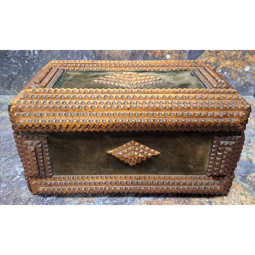 513 - Folk Art - a late 19th century tramp art rectangular box, with notch lozenges on green velvet, typic... 