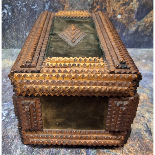 513 - Folk Art - a late 19th century tramp art rectangular box, with notch lozenges on green velvet, typic... 