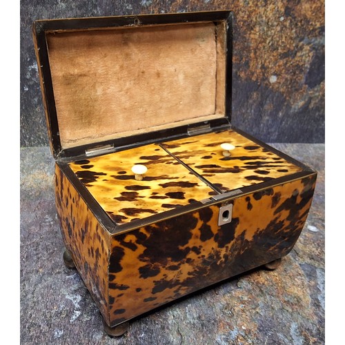 514 - An early Victorian tortoiseshell bowed rectangular tea caddy, hinged pagoda top, two lidded compartm... 