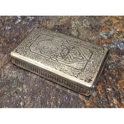 149 - A 19th century Continental niello silver rectangular snuff box, engraved with geometrical motif and ... 