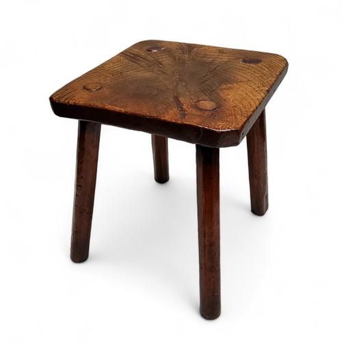 732 - A 19th century rustic oak pollard stool, canted rectangular top, splayed legs, 34cm high, 28cm wide