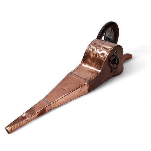 545 - A set of  mid 19th century copper and mahogany mechanical bellows, riveted,  winding wheel, 77cm lon... 