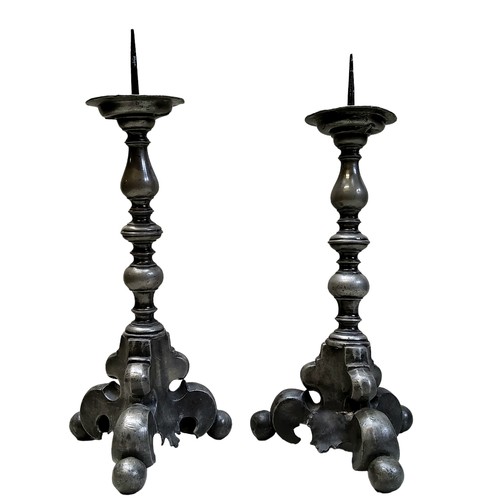 746 - ****LOT WITHDRAWN****A pair of 18th century German ecclesiastical pewter pricket candlesticks, knopp... 