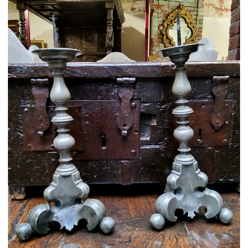 746 - ****LOT WITHDRAWN****A pair of 18th century German ecclesiastical pewter pricket candlesticks, knopp... 