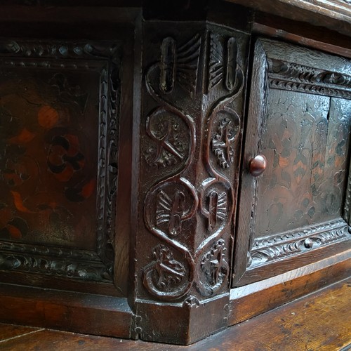 751 - A scarce mid 17th century English oak marquetry court cupboard, Elizabethan style, Leeds Area, Yorks... 