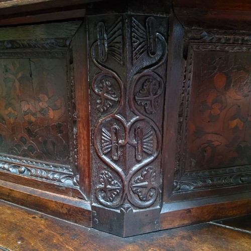 751 - A scarce mid 17th century English oak marquetry court cupboard, Elizabethan style, Leeds Area, Yorks... 