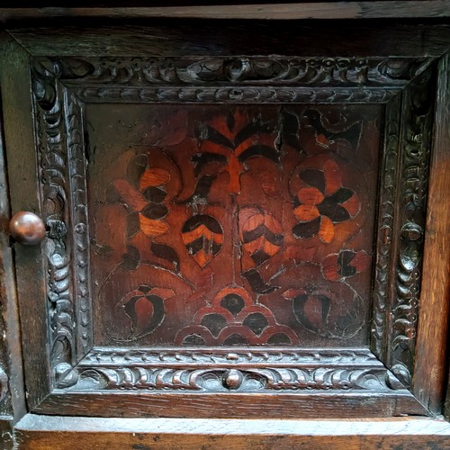 751 - A scarce mid 17th century English oak marquetry court cupboard, Elizabethan style, Leeds Area, Yorks... 