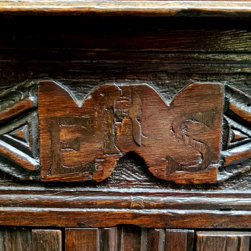 751 - A scarce mid 17th century English oak marquetry court cupboard, Elizabethan style, Leeds Area, Yorks... 