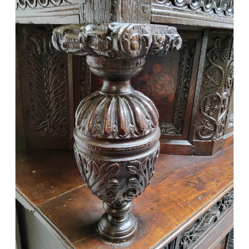 751 - A scarce mid 17th century English oak marquetry court cupboard, Elizabethan style, Leeds Area, Yorks... 