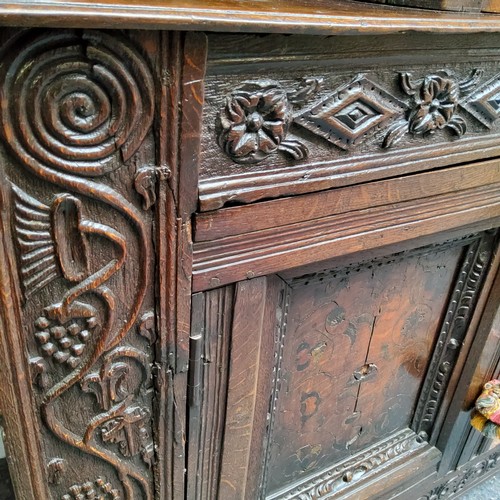 751 - A scarce mid 17th century English oak marquetry court cupboard, Elizabethan style, Leeds Area, Yorks... 