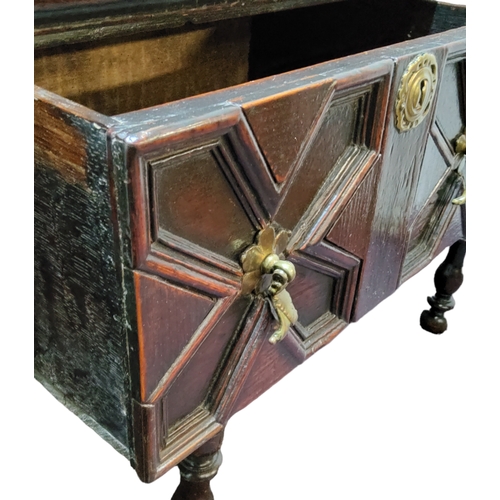 756 - A Charles II oak low block front dresser, moulded oversailing top above three drawers, applied with ... 