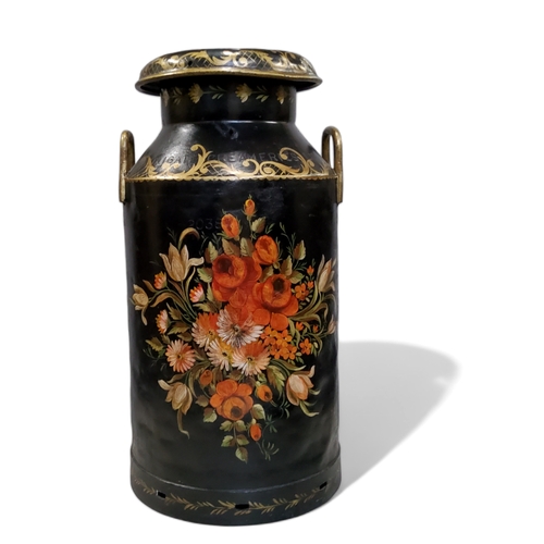 757 - A large early 20th century ebonised bargeware milk churn, painted with floral swags, picked out in g... 