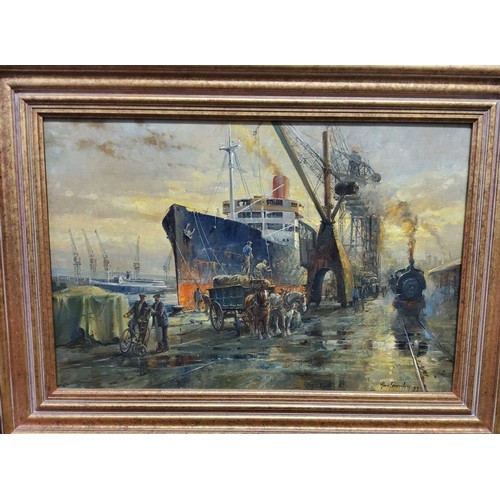 764 - Alan Fearnley (Bn 1942) Loading at the Dock, signed, oil on canvas, 39cm x 59cm