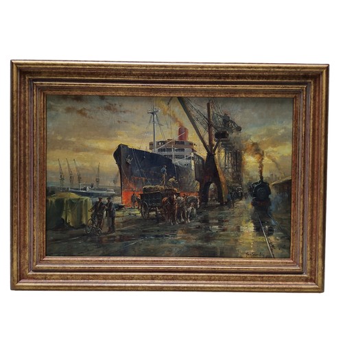 764 - Alan Fearnley (Bn 1942) Loading at the Dock, signed, oil on canvas, 39cm x 59cm