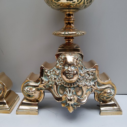 765 - A good pair of 17th century bronze Renaissance andirons, with lofty finials, above globular balls ca... 