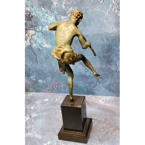 767 - Édouard Drouot (1859-1945), a green patinated bronze, Pan, playing his pipes, black plinth, 29cm hig... 