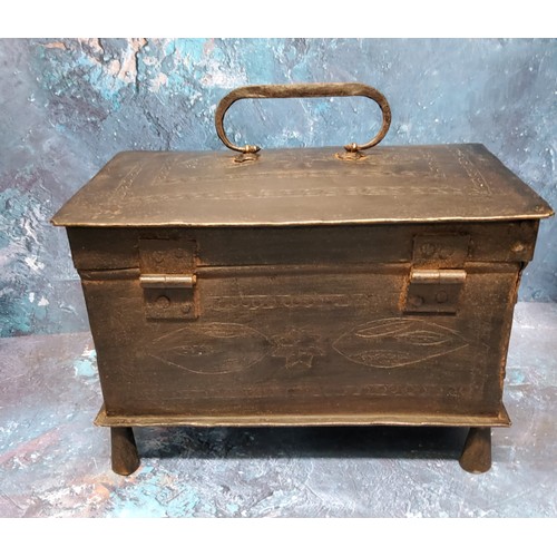 557 - A Dutch tin rectangular box, engraved with bands and leaves, bold lock, stile legs, 21cm wide, 14.5c... 