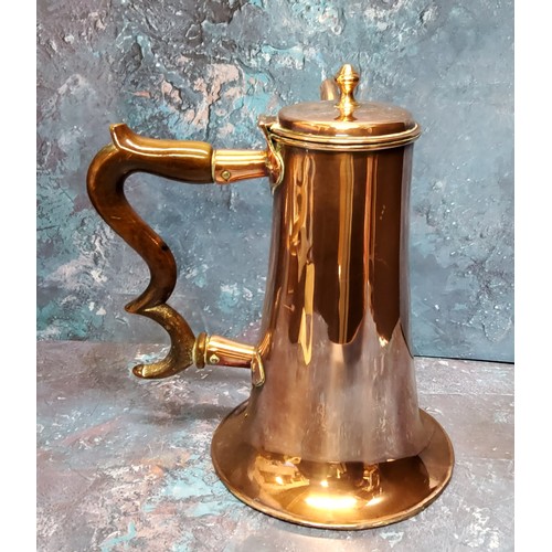 776 - A George III copper coffee pot, hinged cover, knop finial, S-shaped spout, turned fruitwood handle, ... 