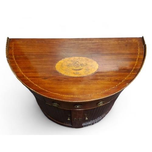 798 - An 18th century Dutch mahogany tambour fronted demi lune side table, small drawer to frieze, tambour... 