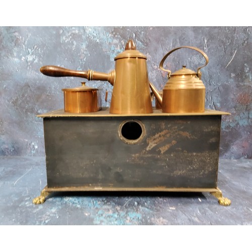 809 - A late 19th century child's cooking range, with copper kettle, coffee pot, saucepan, two handled pot... 