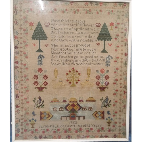 836 - A Victorian needlework sampler, embroidered by Sarah Matilda Guest, aged 12, 1853, with verse, trees... 