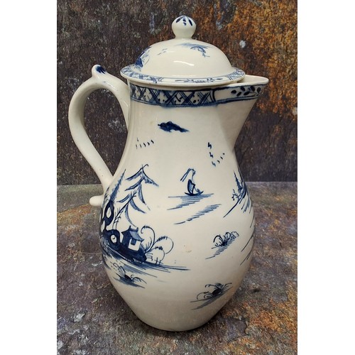 168 - A rare Lowestoft baluster coffee jug and cover,  internal strainer,  painted in underglazed blue wit... 