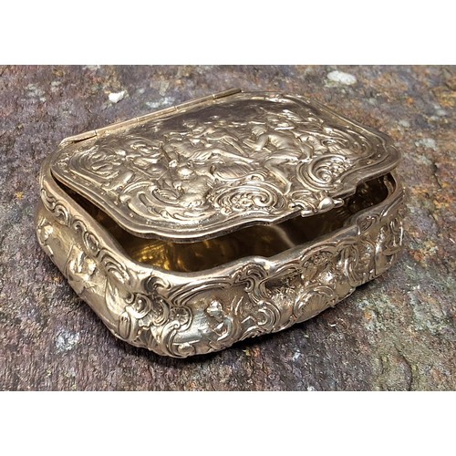 158 - A Dutch silver cartouche shaped table snuff box, the cover embossed with figures bathing, the sides ... 