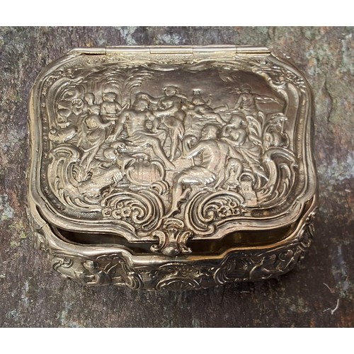 158 - A Dutch silver cartouche shaped table snuff box, the cover embossed with figures bathing, the sides ... 