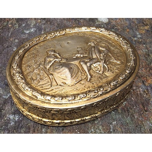 125 - A good Dutch silver oval table snuff box, the cover embossed with figures at a table, harebell borde... 