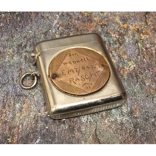 132 - World War II - a military vesta case, set with a disc inscribed Driver W R Owell, EMT/44755, RASC/MT... 