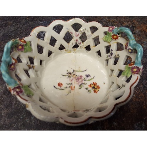 292 - A Derby two-handled flared basket, pierced diaper sides, painted with stylised flowers, double rope ... 