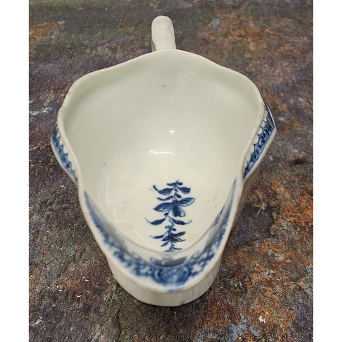 252 - A Worcester Little Fisherman pattern sauce boat, loop handle, scroll thumb piece, painted in undergl... 