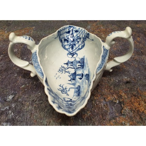 258 - A Worcester two handled sauceboat, painted with the Two Handled sauceboat landscape with four circul... 