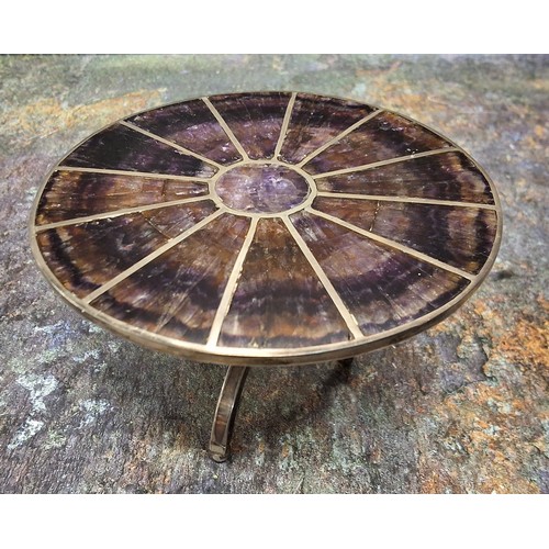 159 - A good Blue John miniature table, the circular top radiating, divided by white metal, conforming ped... 