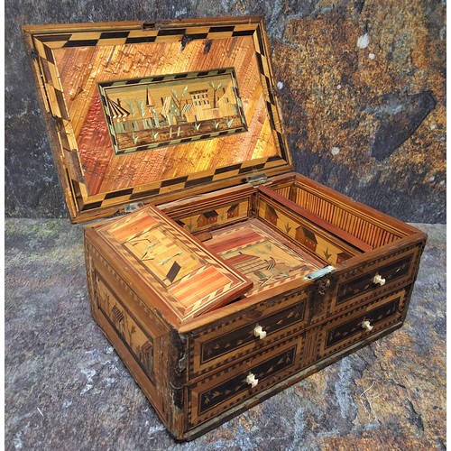 440 - A Napoleonic prisoner of war straw work box, hinged cover decorated with buildings, above one blind ... 