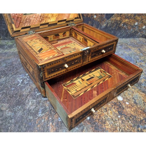 440 - A Napoleonic prisoner of war straw work box, hinged cover decorated with buildings, above one blind ... 