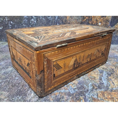 440 - A Napoleonic prisoner of war straw work box, hinged cover decorated with buildings, above one blind ... 