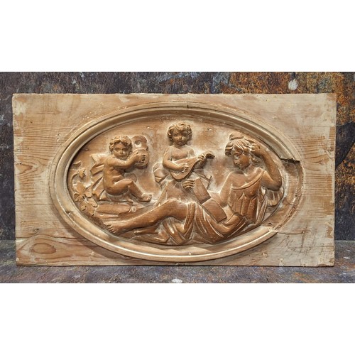 445 - A 19th century carved panel, Allegorical of Music, 20cm x 38cm