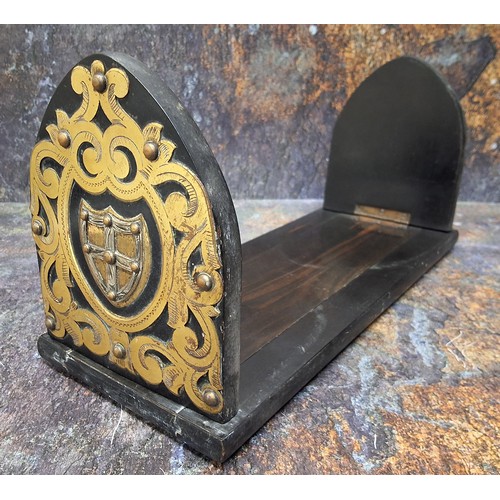 441 - A Victorian Gothic Revival coromandel sliding book stand, pierced and riveted gilt brass cut cardwor... 