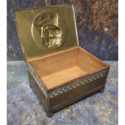 450 - An early 20th century brass and copper cigar box, the cover embossed with a bulldog, banded with lea... 