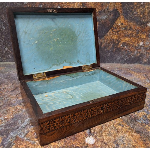 457 - A 19th century Tunbridge ware and rosewood rectangular work box, hinged cover inlaid with tumbling b... 